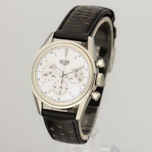 HEUER : Carrera cronografo carica manuale tre contatori in acciaio, tasti a pompa, quadrante Argent con indici applicati, 35 mm  - Asta Watches - Associazione Nazionale - Case d'Asta italiane