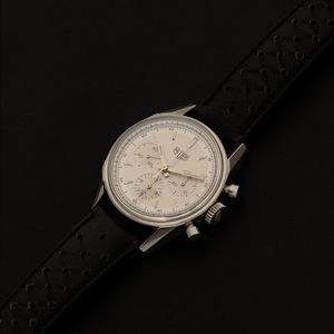 HEUER : Carrera cronografo carica manuale tre contatori in acciaio, tasti a pompa, quadrante Argent con indici applicati, 35 mm  - Asta Watches - Associazione Nazionale - Case d'Asta italiane