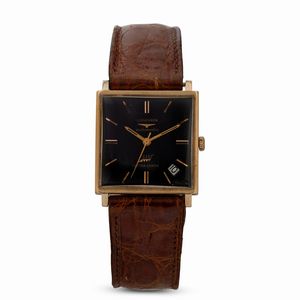 LONGINES - Ultrachron Automatic in oro giallo 18k di forma quadrata, quadrante nero lucido con datario ad ore 5, 30x30 mm