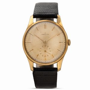 ZENITH - Stellina solo tempo carica manuale in oro giallo 18k, quadrante fan indici applicati, piccoli secondi, 34 mm