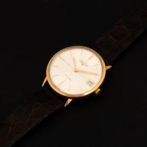 LONGINES : Orologio classico in oro giallo 18k automatico con datario, quadrante Argent con indici applicati, 34 mm  - Asta Watches - Associazione Nazionale - Case d'Asta italiane