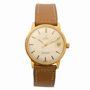 OMEGA - Seamaster in oro giallo 18k con movimento automatico e fondo a vite, indicazione della data, quadrante argent con indici applicati, 34 mm