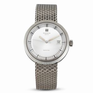 TISSOT - Seastar in acciaio con bracciale integrato carica manuale, quadrante argent con indicazione della data, 37 mm