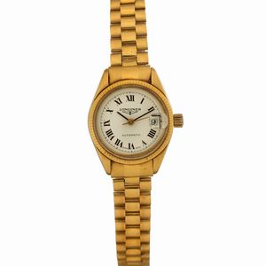 LONGINES - Orologio lady in oro giallo 18k automatico, quadrante bianco numeri Romani, 24 mm