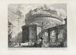 GIOVANNI BATTISTA PIRANESI - Veduta del Mausoleo d'Elio Adriano (ora chiamato Castello S. Angelo) nella parte opposta alla Facciata dentro al Castello.