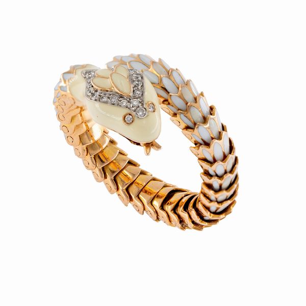 Anello a serpente in oro giallo 18kt e smalto  - Asta Gioielli e Orologi - Associazione Nazionale - Case d'Asta italiane