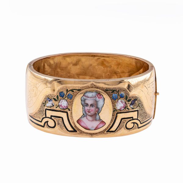 Antico bracciale a manetta in oro giallo e miniatura in smalto policromo  - Asta Gioielli e Orologi - Associazione Nazionale - Case d'Asta italiane