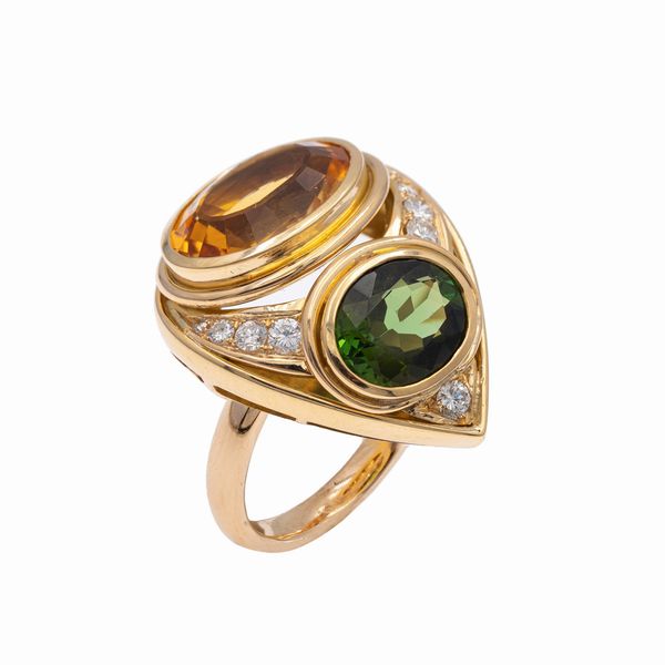 Anello in oro giallo 18kt quarzo citrino e peridoto  - Asta Gioielli e Orologi - Associazione Nazionale - Case d'Asta italiane