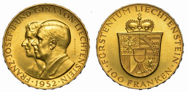 LIECHTENSTEIN - PRINCIPATO. FRANZ JOSEPH II, 1938-1989. 100 Franken 1952. Berna.  - Asta Numismatica - Associazione Nazionale - Case d'Asta italiane