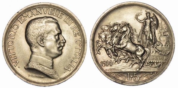 REGNO DITALIA. VITTORIO EMANUELE III DI SAVOIA, 1900-1946. 5 Lire 1914. Quadriga briosa.  - Asta Numismatica - Associazione Nazionale - Case d'Asta italiane