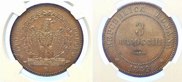 ROMA. SECONDA REPUBBLICA ROMANA, 1848-1849. 3 Baiocchi 1849.  - Asta Numismatica - Associazione Nazionale - Case d'Asta italiane