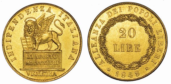 VENEZIA. GOVERNO PROVVISORIO DI VENEZIA, 1848-1849. 20 Lire 1848.  - Asta Numismatica - Associazione Nazionale - Case d'Asta italiane