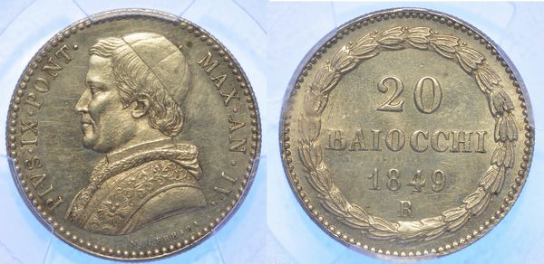 STATO PONTIFICIO. PIO IX, 1846-1878. 20 Baiocchi 1849/A. IV.  - Asta Numismatica - Associazione Nazionale - Case d'Asta italiane