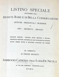 CANESSA A., DE NICOLA L. Lotto di tre cataloghi rilegati in un unico volume in mezza pelle.  - Asta Numismatica - Associazione Nazionale - Case d'Asta italiane