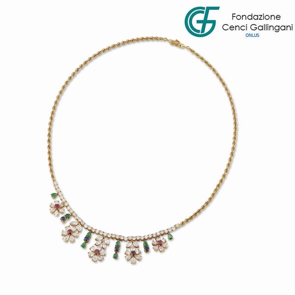 COLLANA FLOREALE CON PIETRE DI COLORE E DIAMANTI  - Asta Gioielli - Associazione Nazionale - Case d'Asta italiane