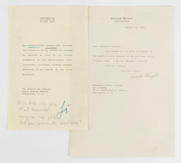 Lettera autografa di Orville Wright al comandante Scaroni  - Asta Militaria, Ordini cavallereschi, Napoleonica - Associazione Nazionale - Case d'Asta italiane