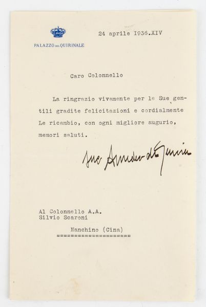 Lettera di ringraziamento al Generale Scaroni da Amedeo di Savoia  - Asta Militaria, Ordini cavallereschi, Napoleonica - Associazione Nazionale - Case d'Asta italiane