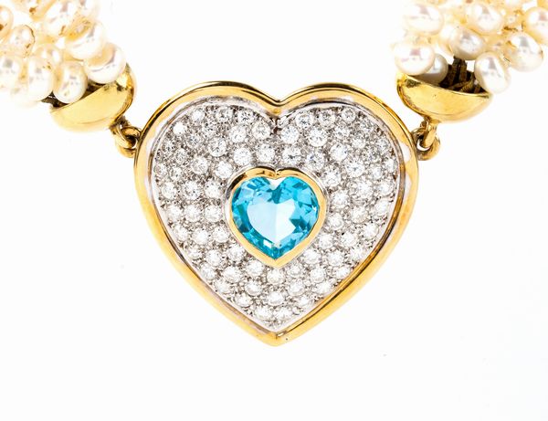 Girocollo in oro con perle, diamanti e acquamarina  - Asta Gioielli, Orologi e Penne - Associazione Nazionale - Case d'Asta italiane