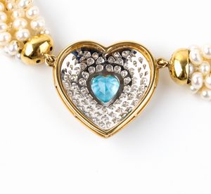 Girocollo in oro con perle, diamanti e acquamarina  - Asta Gioielli, Orologi e Penne - Associazione Nazionale - Case d'Asta italiane