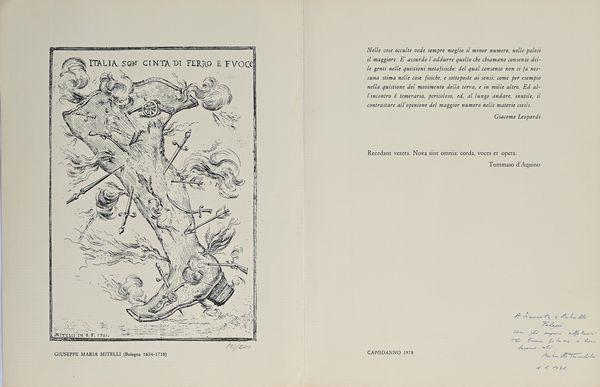 Biglietto di auguri per il Capodanno 1978 con incisione da Giuseppe Maria Mitelli  - Asta La Collezione Enrico e Antonello Falqui. Di padre in figlio una vita nell'arte. - Associazione Nazionale - Case d'Asta italiane