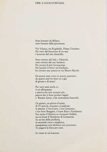 Leonardo   Sinisgalli : Ode a Lucio Fontana dal volume L'Et della Luna edito da Mondadori  - Asta La Collezione Enrico e Antonello Falqui. Di padre in figlio una vita nell'arte. - Associazione Nazionale - Case d'Asta italiane