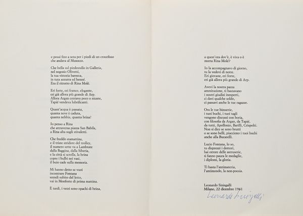 Leonardo   Sinisgalli : Ode a Lucio Fontana dal volume L'Et della Luna edito da Mondadori  - Asta La Collezione Enrico e Antonello Falqui. Di padre in figlio una vita nell'arte. - Associazione Nazionale - Case d'Asta italiane