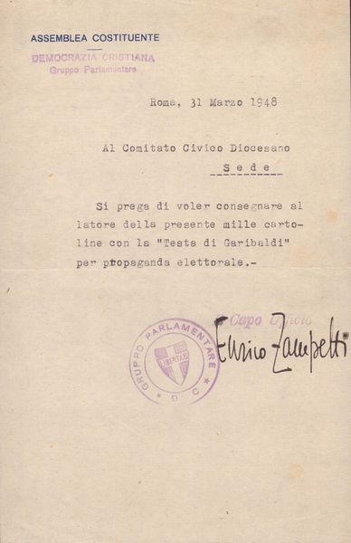 LETTERA ASSEMBLEA COSTITUENTE D.C. a firma Enrico Zampetti  - Asta Memorabilia storici e cinematografici - Associazione Nazionale - Case d'Asta italiane