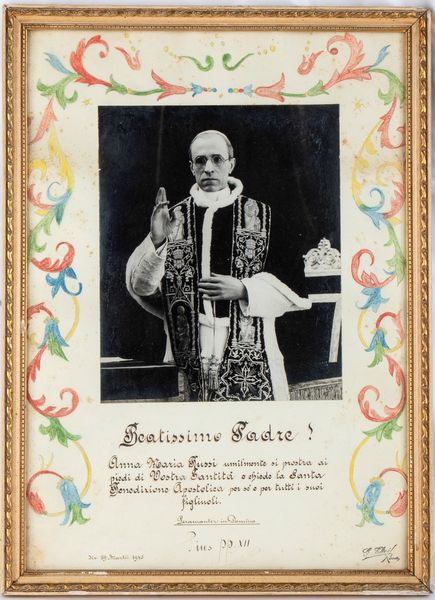 Papa PIO XII (Pius PP. XII (Eugenio Maria Giuseppe Giovanni Pacelli; Roma, 2 marzo 1876 – Castel Gandolfo, 9 ottobre 1958)  - Asta Memorabilia storici e cinematografici - Associazione Nazionale - Case d'Asta italiane