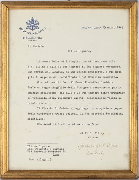 Papa Giovanni XXIII (Angelo Giuseppe Roncalli - Sotto il Monte, 25 novembre 1881 – Città del Vaticano, 3 giugno 1963)  - Asta Memorabilia storici e cinematografici - Associazione Nazionale - Case d'Asta italiane