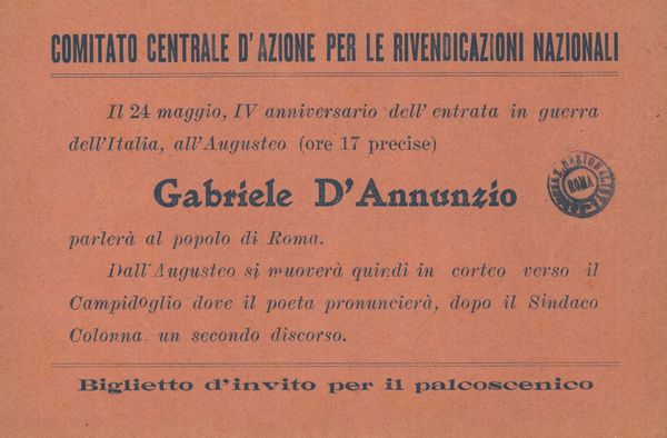 Dannunziana, biglietto invito 1919  - Asta Memorabilia storici e cinematografici - Associazione Nazionale - Case d'Asta italiane