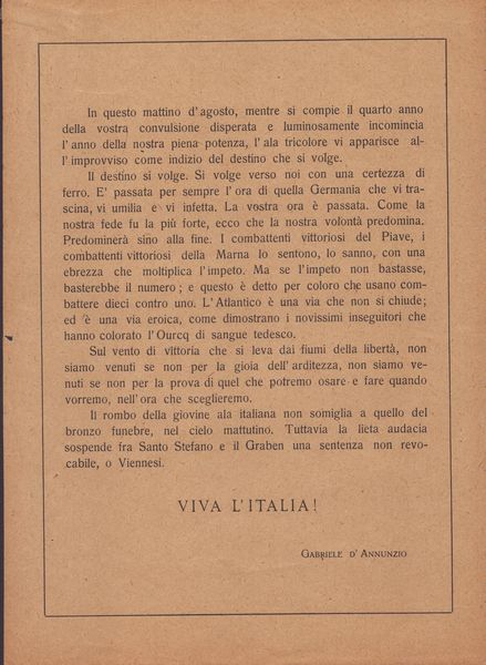 Dannunziana - Volo su Vienna, volantino  - Asta Memorabilia storici e cinematografici - Associazione Nazionale - Case d'Asta italiane