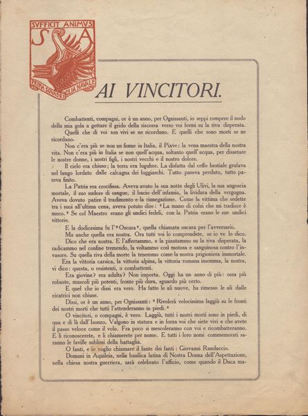 Dannunziana - proclama Ai vincitori... Ognissanti, 1918  - Asta Memorabilia storici e cinematografici - Associazione Nazionale - Case d'Asta italiane