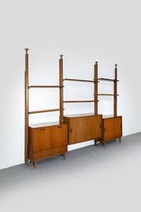 LEONARDO FIORI - Libreria a tre campate in legno e particolari in metallo. Prod. I.S.A  anni '50 cm 260x320x45 Difetti