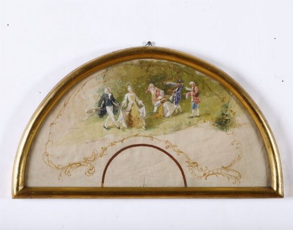 Pagina di ventaglio decorata in policromia a scena galante, in cornice  - Asta Antiquariato - Associazione Nazionale - Case d'Asta italiane