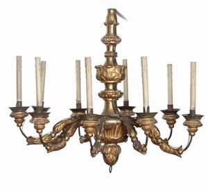 Coppia di lampadari in legno intagliato e dorato. XVIII secolo  - Asta Antiquariato - Associazione Nazionale - Case d'Asta italiane