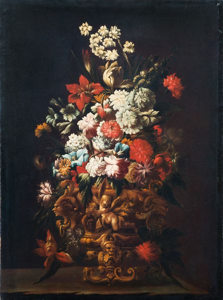 attribuito a Gaspare Lopez (Napoli,1650 - Firenze,1740) : Tulipani, garofani, dente di leone, primule e rose in un vaso scolpito a grottesche su un piano  - Asta Oggetti d'arte, importanti dipinti antichi e dipinti del XIX-XX secolo - Associazione Nazionale - Case d'Asta italiane