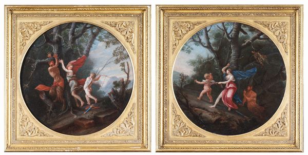 Andrea  De Lione (Napoli, 1610 – 1685) : a)Cupido punisce una Ninfa e un Satiro legati ad un albero; b) Venere punisce Cupido sotto lo sguardo di un Satiro  - Asta Oggetti d'arte, importanti dipinti antichi e dipinti del XIX-XX secolo - Associazione Nazionale - Case d'Asta italiane