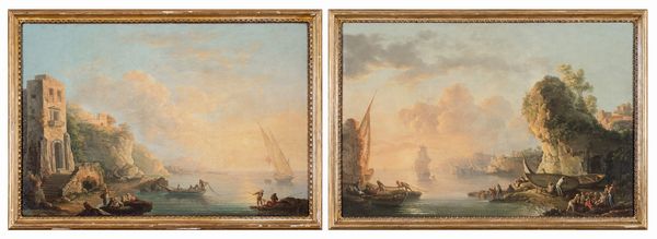 Carlo Bonavia, (Roma, 1730 – Napoli, dopo il 1788) : a)Pescatori all'alba a Marechiaro b)Pescatori al tramonto alla Gaiola  - Asta Oggetti d'arte, importanti dipinti antichi e dipinti del XIX-XX secolo - Associazione Nazionale - Case d'Asta italiane