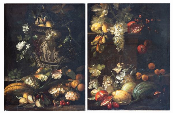 Abraham  Brueghel (Anversa, 1631 – Napoli, 1697) : a) Vaso Medici con frutta e fiori; b) Plinto romano con frutta  - Asta Oggetti d'arte, importanti dipinti antichi e dipinti del XIX-XX secolo - Associazione Nazionale - Case d'Asta italiane