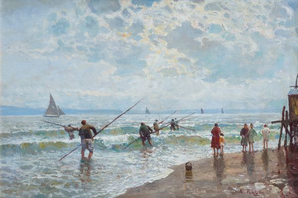 Attilio  Pratella : Spiaggia con bagnanti  - Asta Oggetti d'arte, importanti dipinti antichi e dipinti del XIX-XX secolo - Associazione Nazionale - Case d'Asta italiane