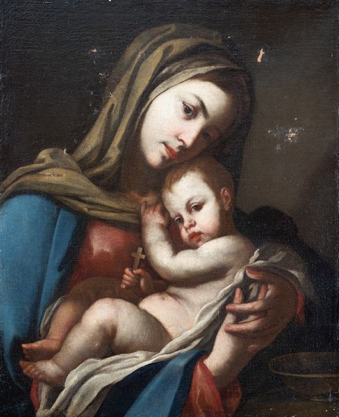 Scuola napoletana, XVII secolo : Madonna con bambino  - Asta Oggetti d'arte, importanti dipinti antichi e dipinti del XIX-XX secolo - Associazione Nazionale - Case d'Asta italiane