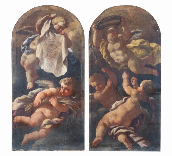 Scuola napoletana, XVIII secolo : Angeli con i simboli della passione di Cristo  - Asta Oggetti d'arte, importanti dipinti antichi e dipinti del XIX-XX secolo - Associazione Nazionale - Case d'Asta italiane