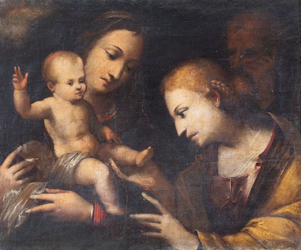 Scuola italiana, fine XVIII secolo : Madonna con bambino, Sant'Anna e San Gioacchino  - Asta Oggetti d'arte, importanti dipinti antichi e dipinti del XIX-XX secolo - Associazione Nazionale - Case d'Asta italiane