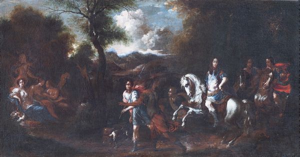 Scuola francese, XVIII secolo : L'incontro di Numa Pompilio con la ninfa Egeria e le sorelle  - Asta Oggetti d'arte, importanti dipinti antichi e dipinti del XIX-XX secolo - Associazione Nazionale - Case d'Asta italiane