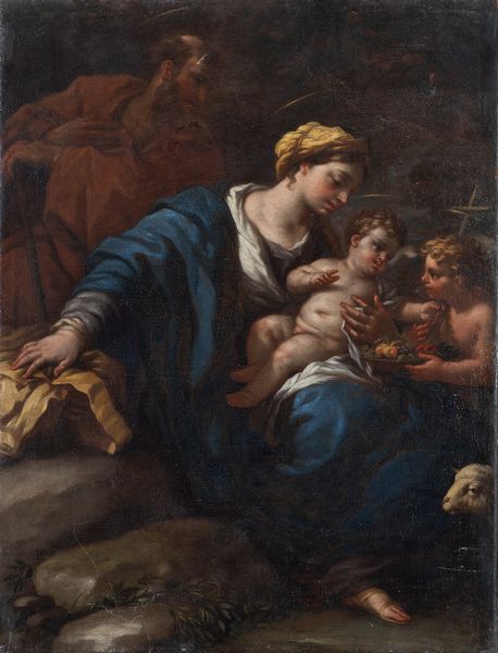 cerchia di Luca Giordano (Napoli, 1634 – 1705) : Sacra famiglia con Giovannino  - Asta Oggetti d'arte, importanti dipinti antichi e dipinti del XIX-XX secolo - Associazione Nazionale - Case d'Asta italiane