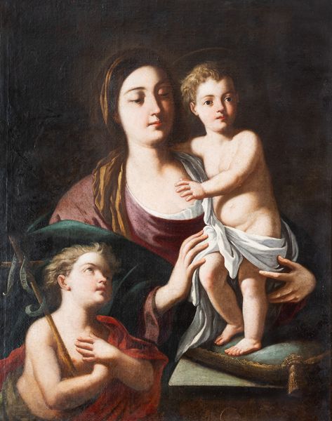 Scuola napoletana, XVIII secolo : Madonna con bambino e San Giovannino  - Asta Oggetti d'arte, importanti dipinti antichi e dipinti del XIX-XX secolo - Associazione Nazionale - Case d'Asta italiane