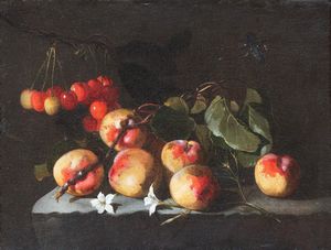 Luca  Forte (Napoli, 1600/1605 – 1670) - Pesche, ciliegie e gelsomini su un piano