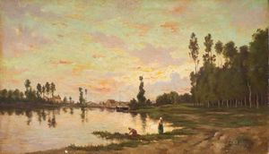 Charles-François  Daubigny (Parigi 1817 - Auvers-sur-Oise, Val d'Oise, 1878) - Lavandaie presso un fiume