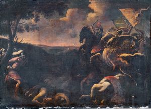 cerchia di Salvator Rosa (Napoli, 1615 - Roma, 1673) : Scontro di cavalleria  - Asta Oggetti d'arte, importanti dipinti antichi e dipinti del XIX-XX secolo - Associazione Nazionale - Case d'Asta italiane