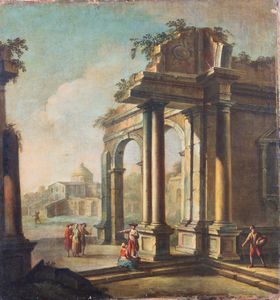 attribuito a  Viviano Codazzi (Bergamo 1603 circa-Roma 1670) e Domenico Gargiulo, detto Micco Spadaro (Napoli 1609-Napoli 1675) - Capriccio architettonico con figure